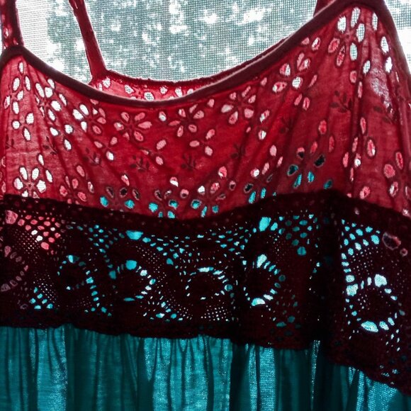RARE Vintage Sparkle & Fade Turquoise/Pink Eyelet Crochet Women's Summer Top - Picture 9 of 10
